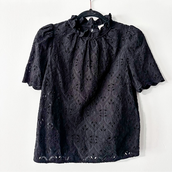 Sezane Louisah Eyelet Lace Short Sleeve High Neck Blouse Black Size 34 US 2 - Picture 2 of 7